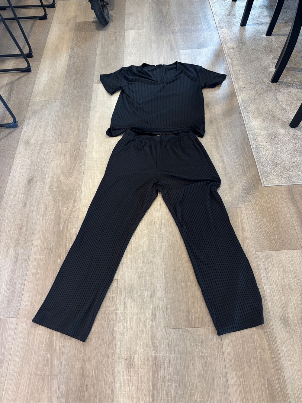Black Ribbed Two-Piece Pajama Set - Women